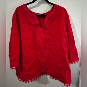 EUC Lauren Ralph Lauren Red 100% Linen Top w drop stitching and lace trim sz  2X